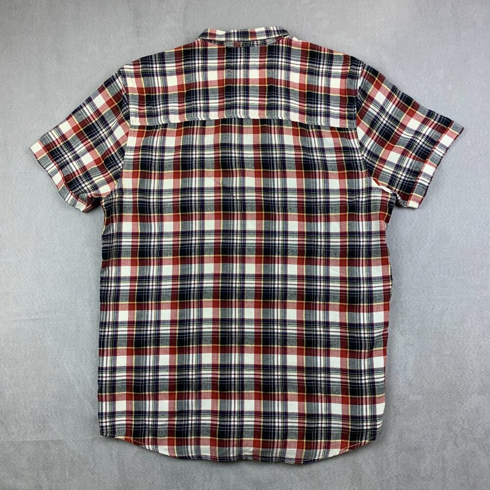 Nudie Mens Shirt Large Red Blue Tartan Plaid Herringbone Button Up Short-Sleeve - Picture 7 of 7